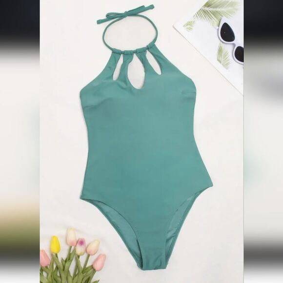 CUPSHE Seaside Holiday green high neck cutout one piece swimsuit L - Picture 13 of 13